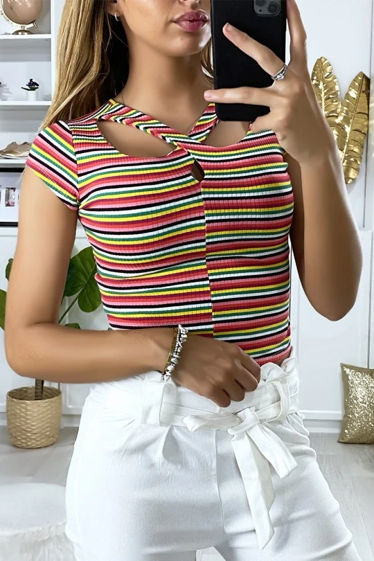 Top Multicolore Rose Corail Croisé Au Buste