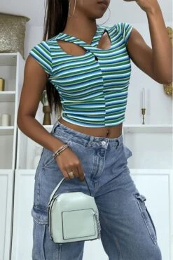 Top Multicolore Vert Bleur Croisé Au Buste