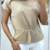 Top Plissé Beige à Manches Courtes Et Col Rond Effet Taille De Guêpe