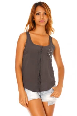 Vendu Par 3 Chemisier Sans Manches Gris à Poche Strass Et Dos Dentelle. F2030